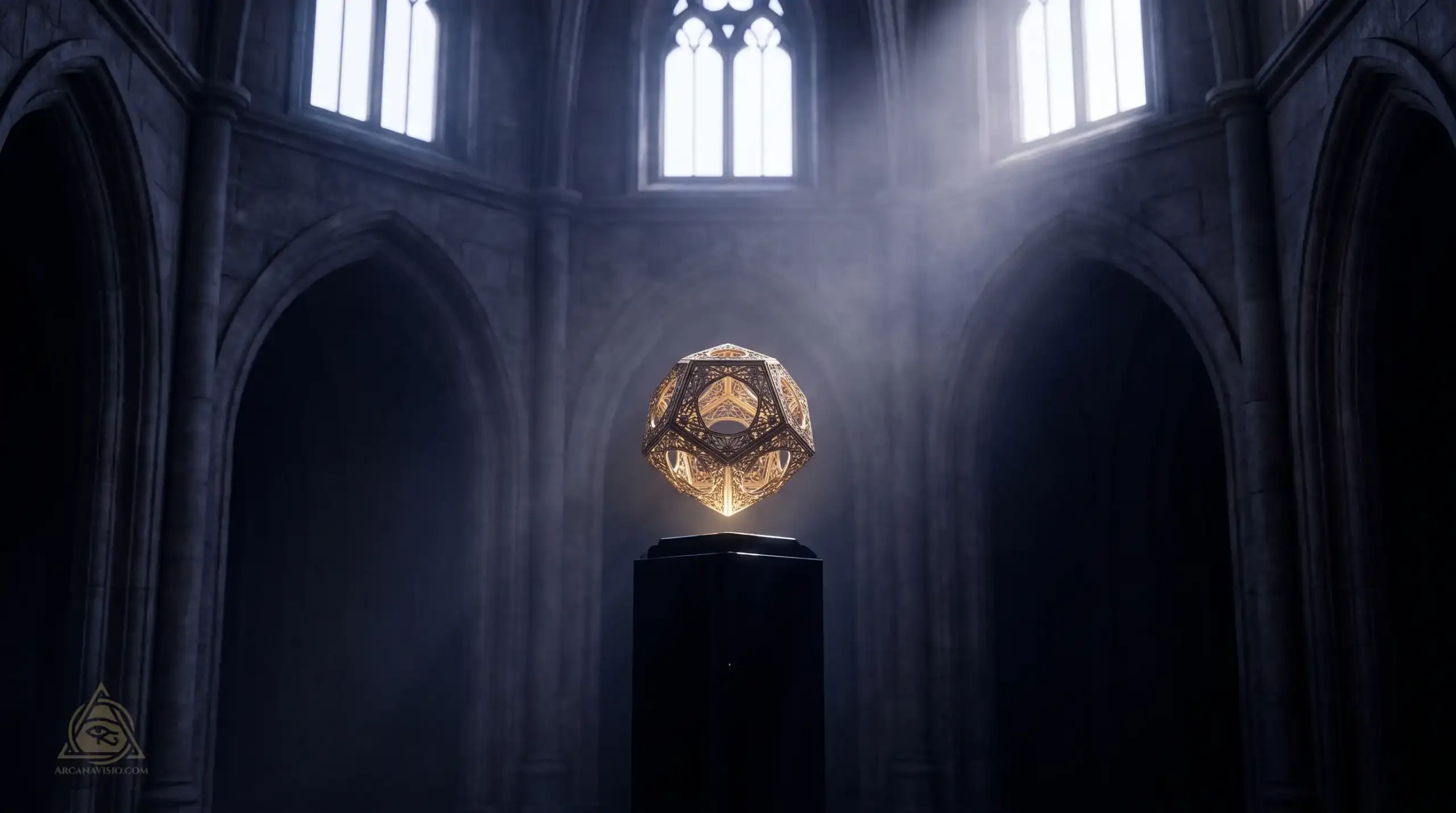Golden alchemical dodecahedron in obsidian sanctum representing Jungian individuation