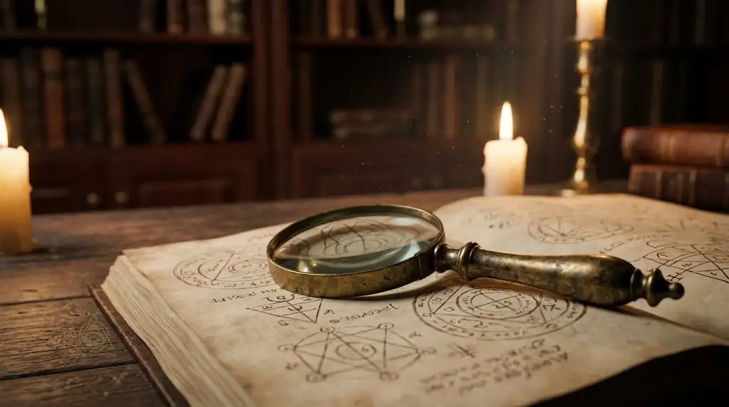 Minimalist dark library with antique brass magnifying glass examining sacred geometric texts