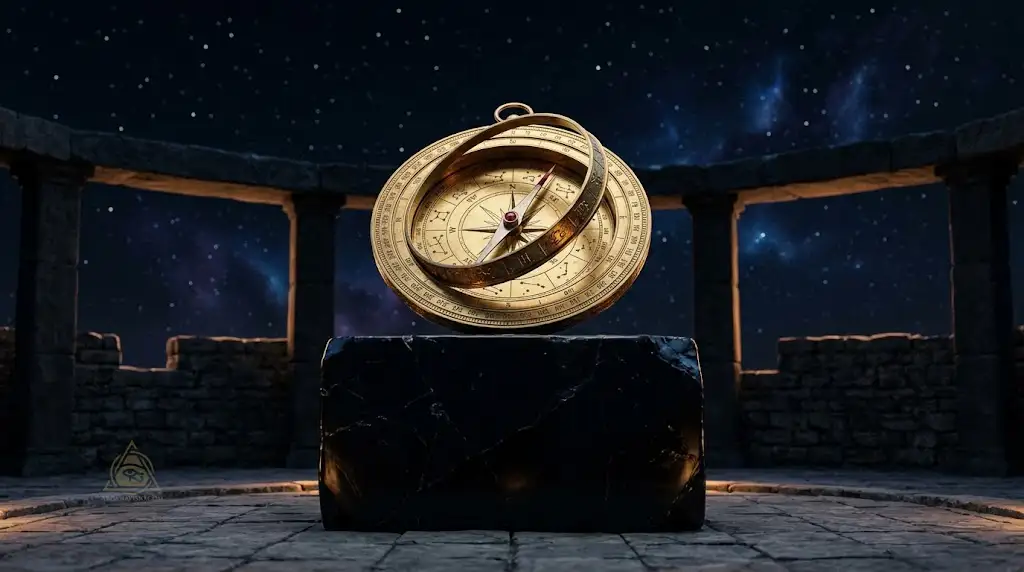 Golden compass and astrolabe resting on polished obsidian stone representing personal sovereignty