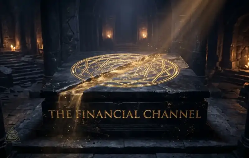 Destiny matrix money line financial channel with glowing golden octagram geometry on obsidian altar
