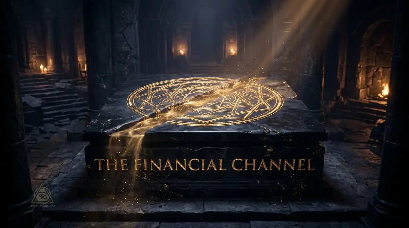 Destiny matrix money line financial channel with glowing golden octagram geometry on obsidian altar