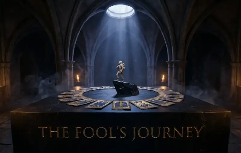 Fools journey tarot archetypes circular layout of 22 Major Arcana cards on an obsidian altar