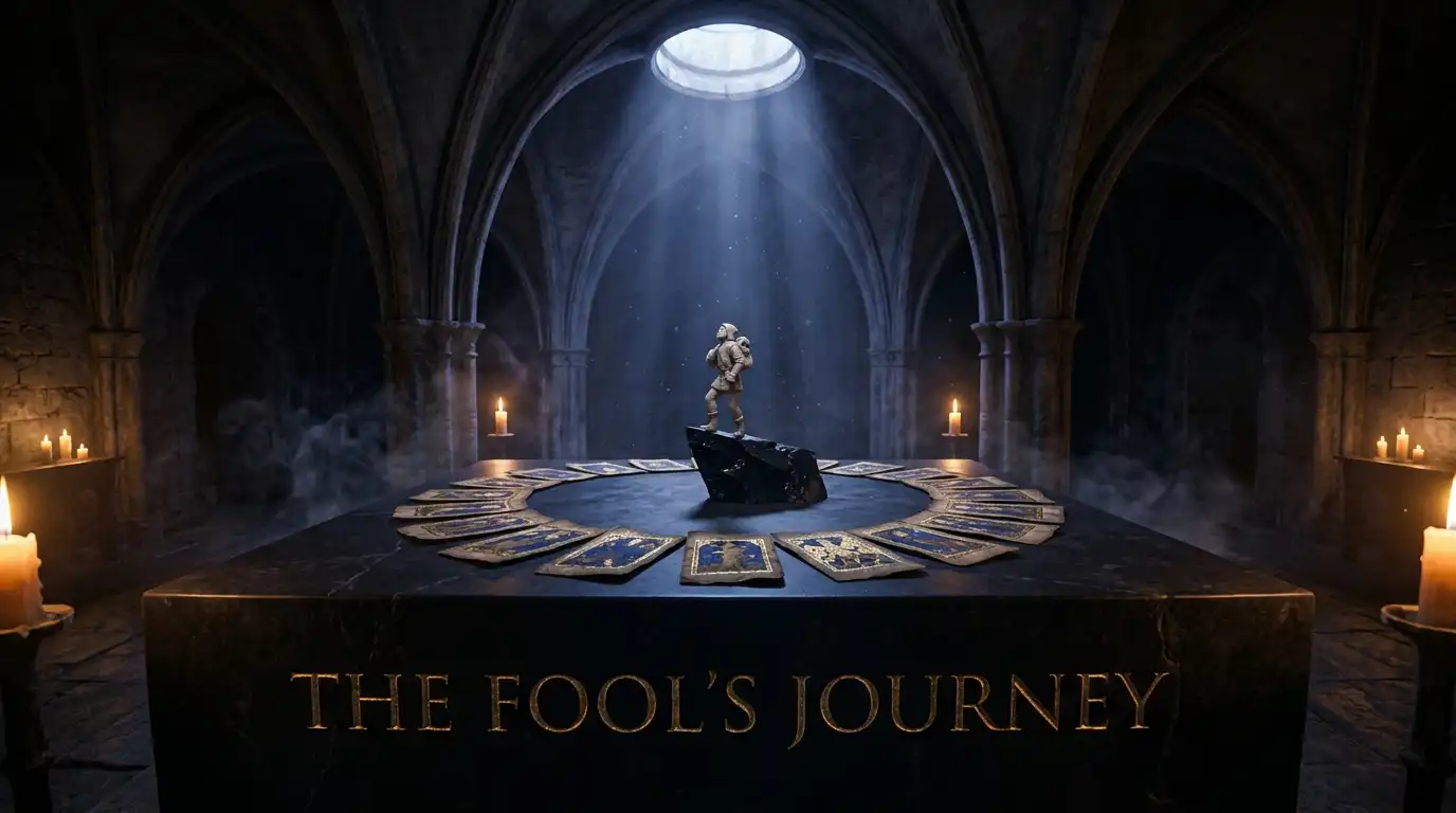 Fools journey tarot archetypes circular layout of 22 Major Arcana cards on an obsidian altar