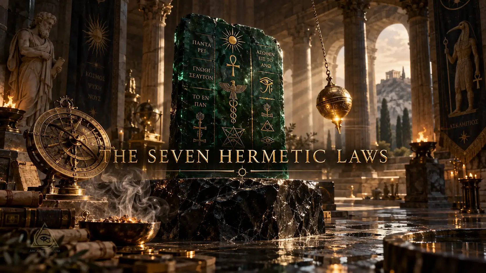 The 7 Hermetic principles guide cover showing the Emerald Tablet, brass pendulum, and astrolabe