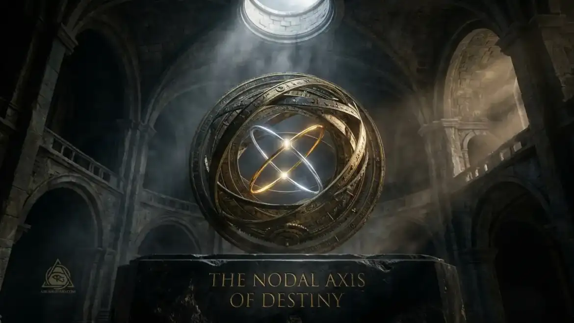 Karmic lunar nodes astrology axis with antique brass armillary sphere and glowing celestial rings
