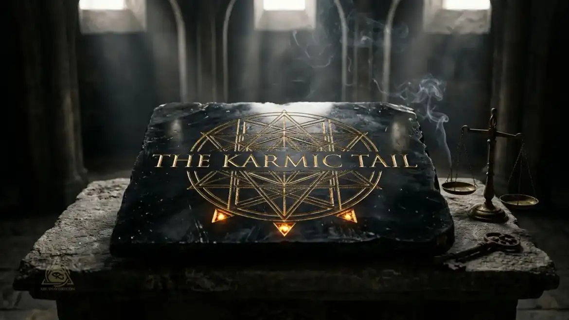 Karmic tail in Destiny Matrix cover showing golden octagram geometry on obsidian stone