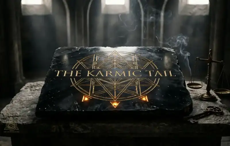 Karmic tail in Destiny Matrix cover showing golden octagram geometry on obsidian stone