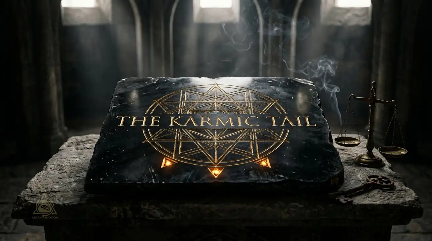 Karmic tail in Destiny Matrix cover showing golden octagram geometry on obsidian stone