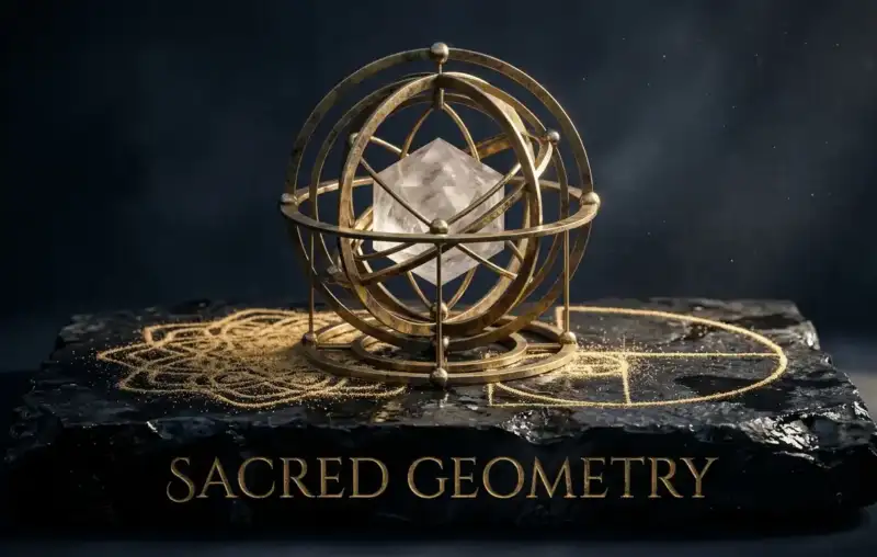 Sacred geometry patterns featuring Metatron's Cube and Golden Ratio carved in antique gold on obsidian