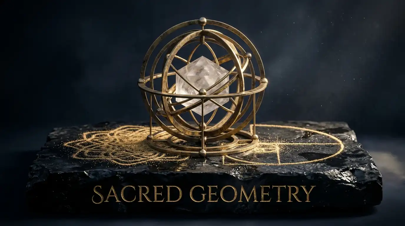 Sacred geometry patterns featuring Metatron's Cube and Golden Ratio carved in antique gold on obsidian
