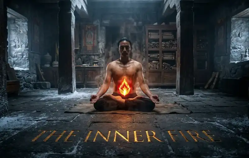 Tummo breathwork guide inner fire meditation with glowing golden flame in a Himalayan stone shrine