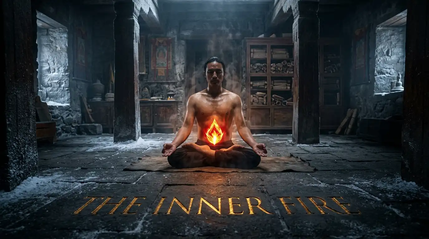 Tummo breathwork guide inner fire meditation with glowing golden flame in a Himalayan stone shrine