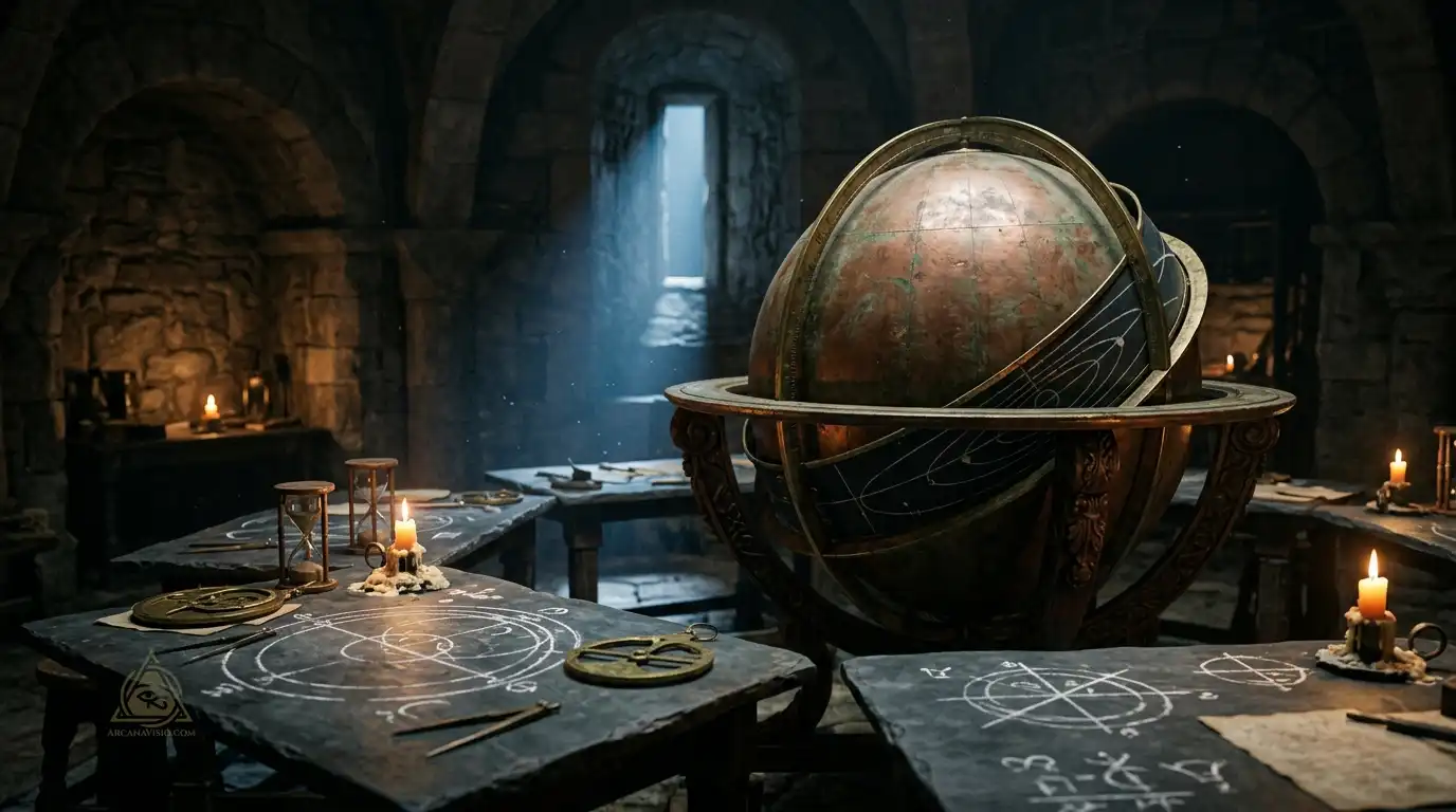 Antique brass celestial globe and geometric diagrams showing the orbital intersection of lunar nodes