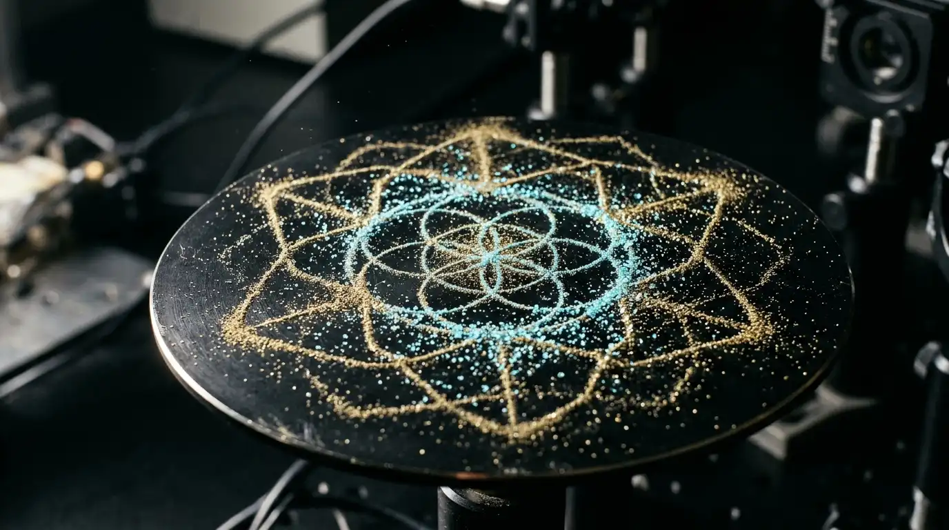 Sacred Geometry & Universal Patterns: Decoding the Golden Ratio, Metatron's Cube, and the Architecture of Reality 2 Cymatics Chladni plate demonstrating sacred geometry patterns and the Vesica Piscis in gold sand