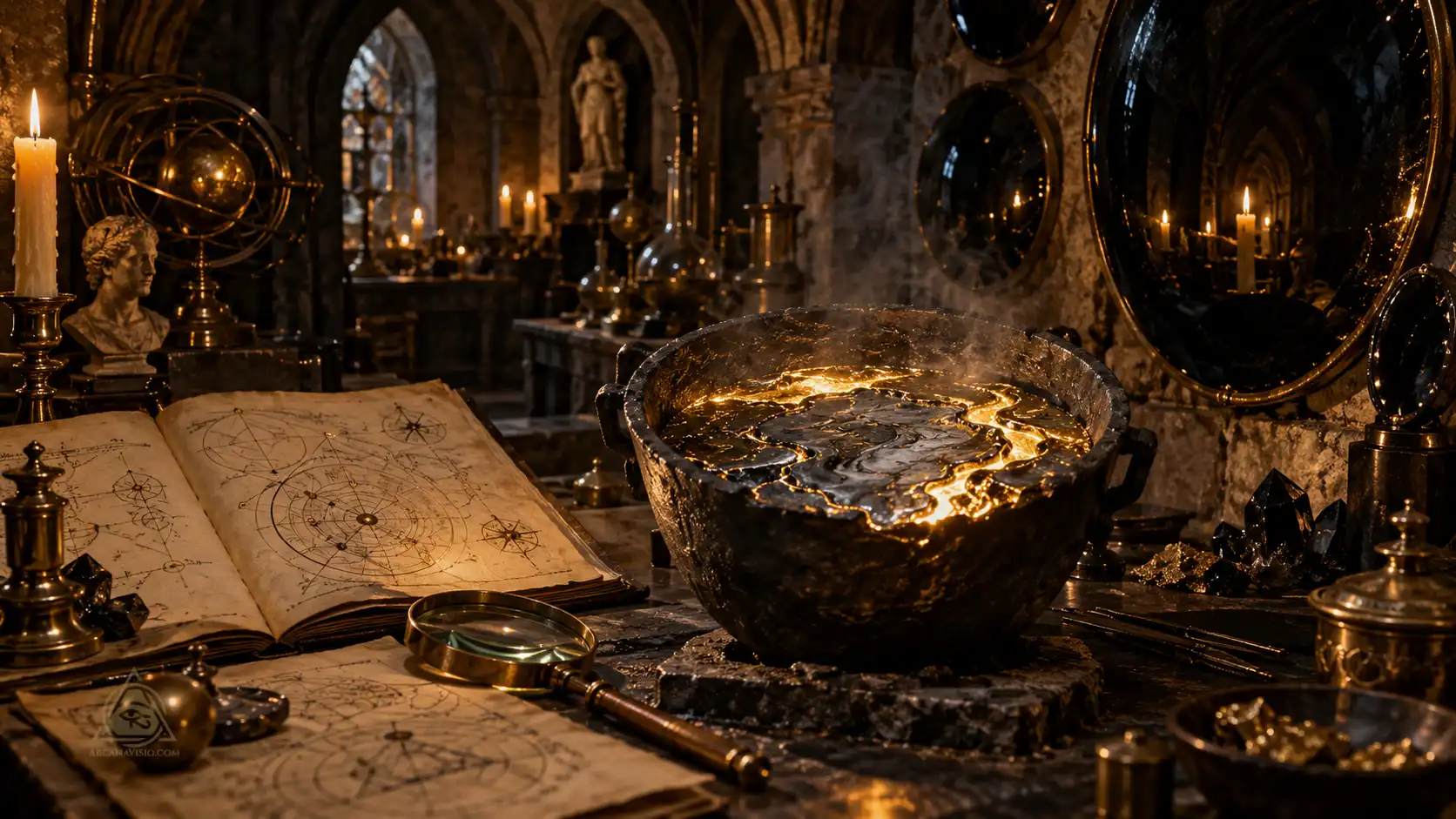 Hermetic epistemology and mental alchemy illustrated by crucible with gold and geometric manuscripts