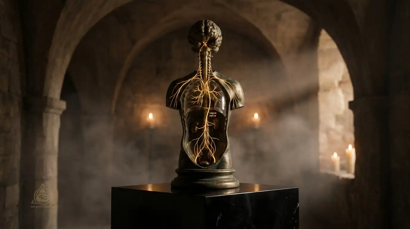 Vagus nerve anatomy and polyvagal theory illustrated by bronze sculpture with glowing golden neural pathways
