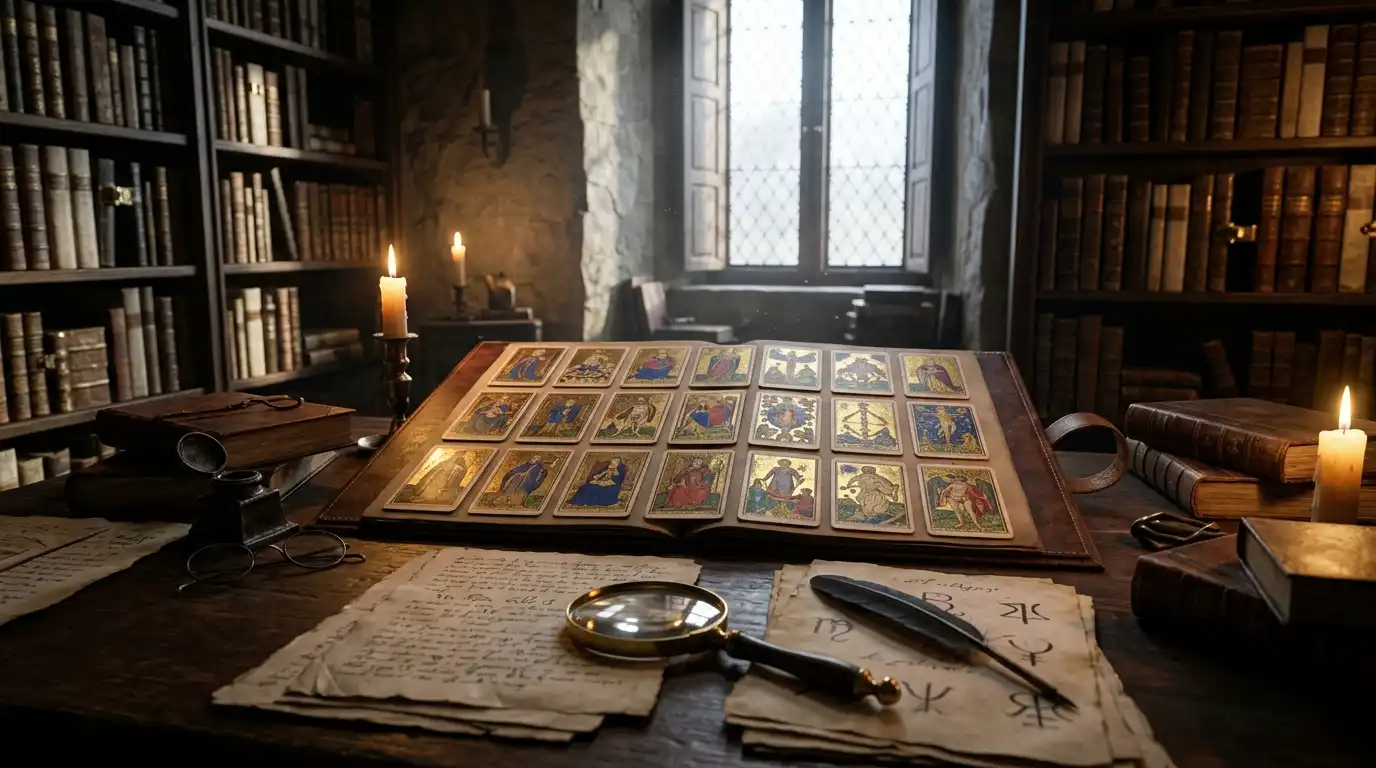 Three rows of seven illuminated Tarot cards laid out on a dark walnut scholarly table