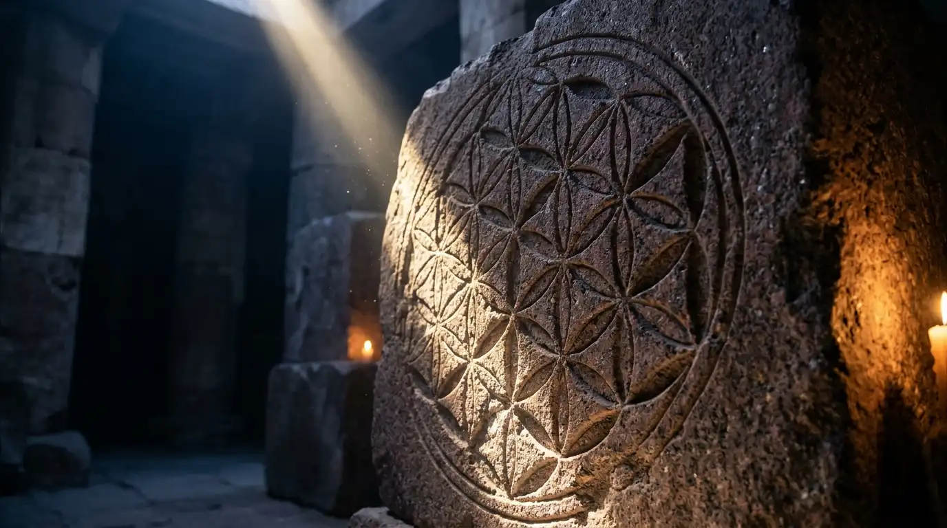 Sacred Geometry & Universal Patterns: Decoding the Golden Ratio, Metatron's Cube, and the Architecture of Reality 3 Ancient Flower of Life and Seed of Life etched into dark rose granite in an Egyptian temple
