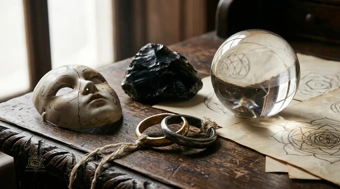 Jungian Archetypes: The Architectural Map of the Collective Unconscious and Shadow Integration 3 Four symbolic artifacts representing the Persona mask, Shadow obsidian stone, Anima rings, and Self crystal