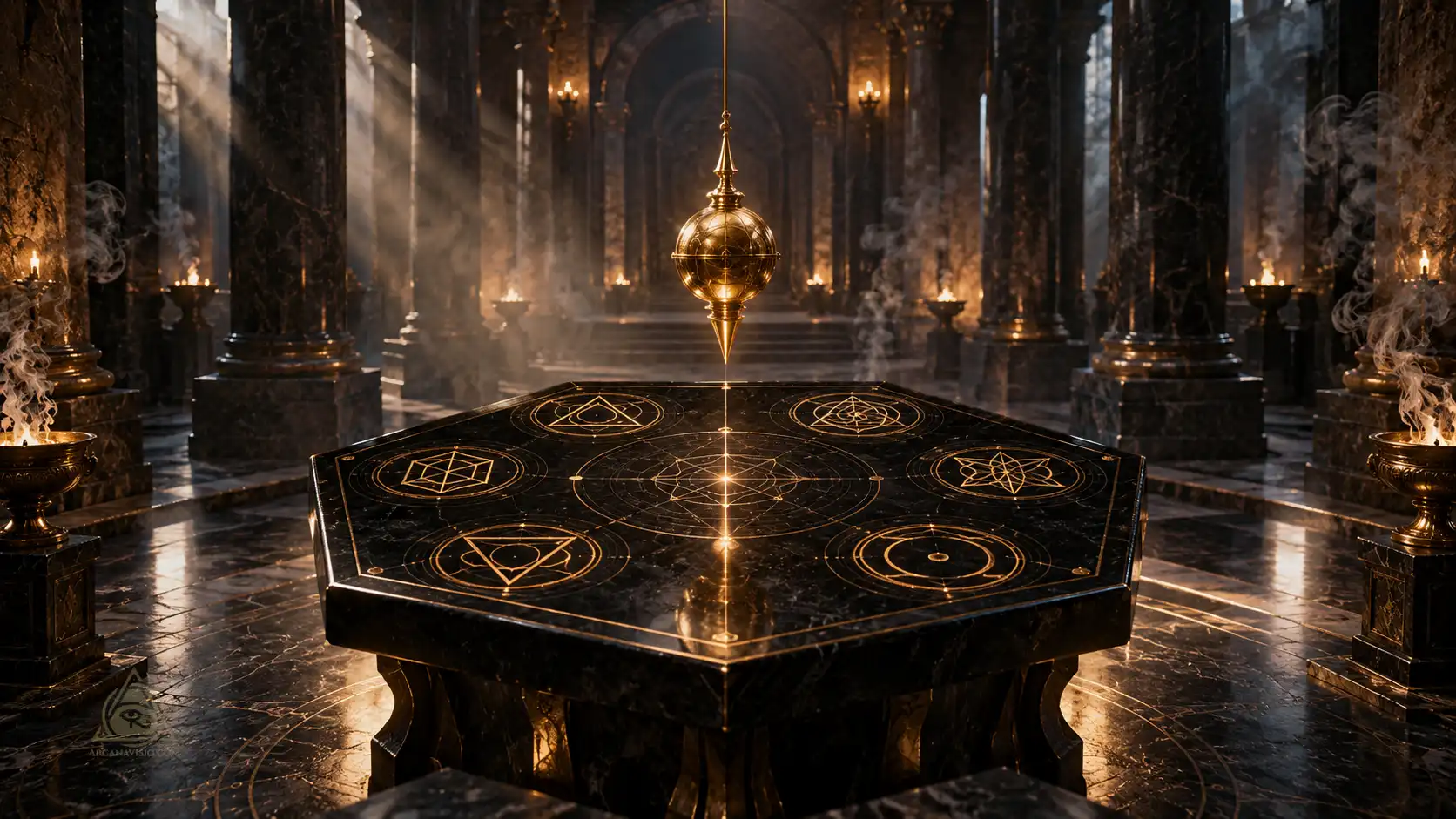 Seven Hermetic principles illustrated by heptagonal obsidian table with gold alchemical glyphs