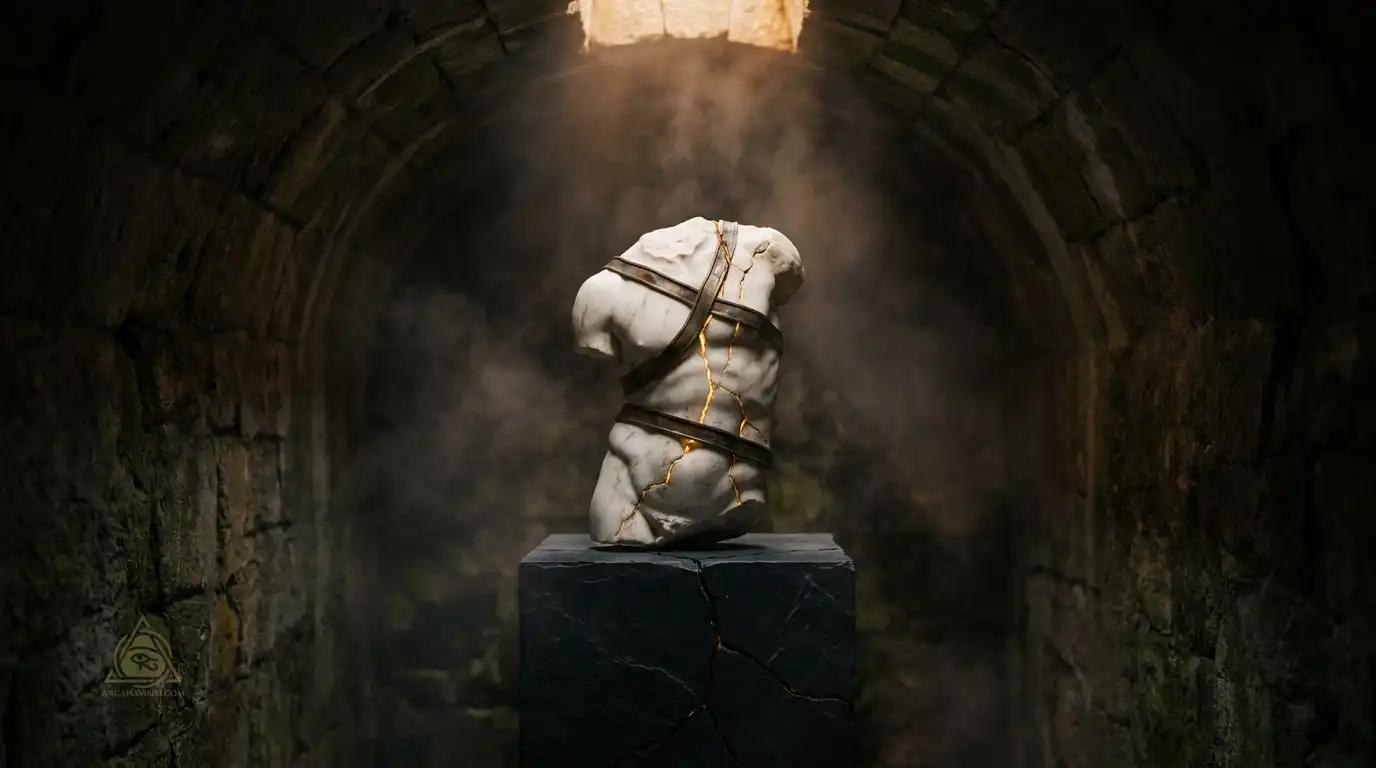 Somatic armoring and nervous system dysregulation illustrated by fractured marble torso with bronze bands