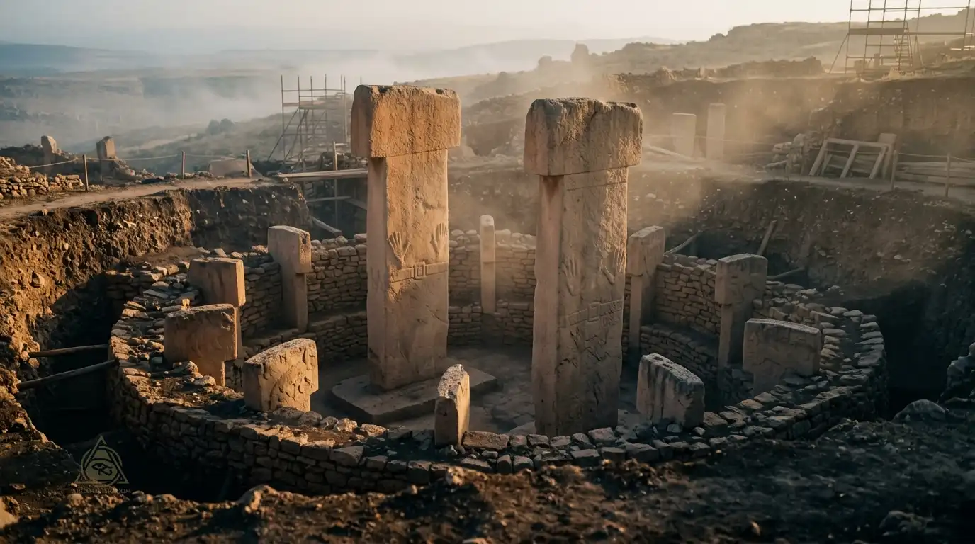 Sacred Mysteries & Ancient Gnosis: The Lost Wisdom of Pre-Flood Civilizations 3 Göbekli Tepe central T-shaped pillars and megalithic stone enclosures at sunrise
