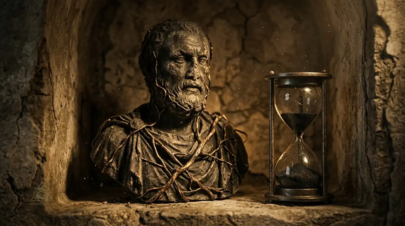 Weathered stone sculpture and hourglass symbolizing South Node karmic inertia and comfort traps