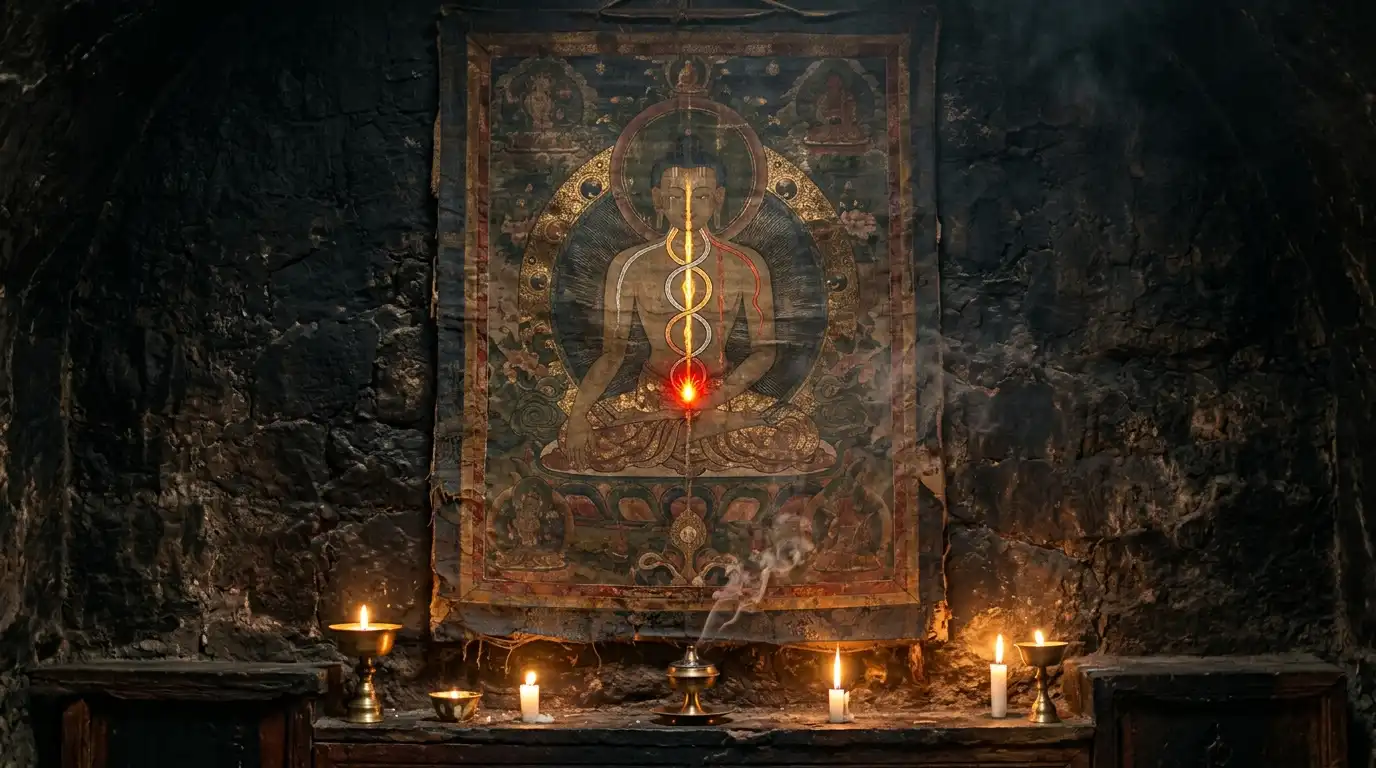 Sacred subtle anatomy diagram illustrating the three Nadis and the navel fire in Tummo