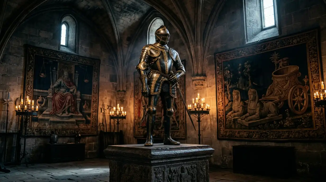 Blackened steel and gilded armor on stone pedestal symbolizing the Chariot and Persona in Tarot