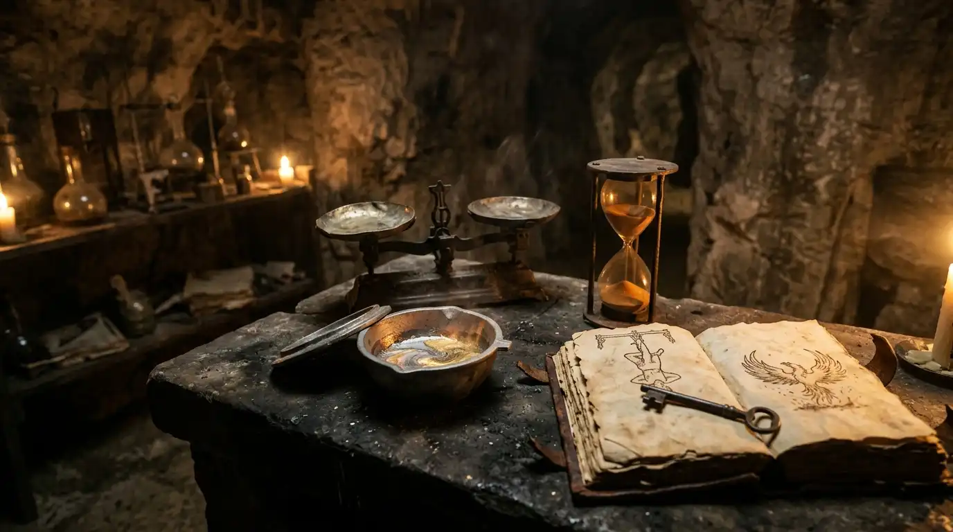 Alchemical crucible with molten gold and scales symbolizing Death and Temperance in Tarot