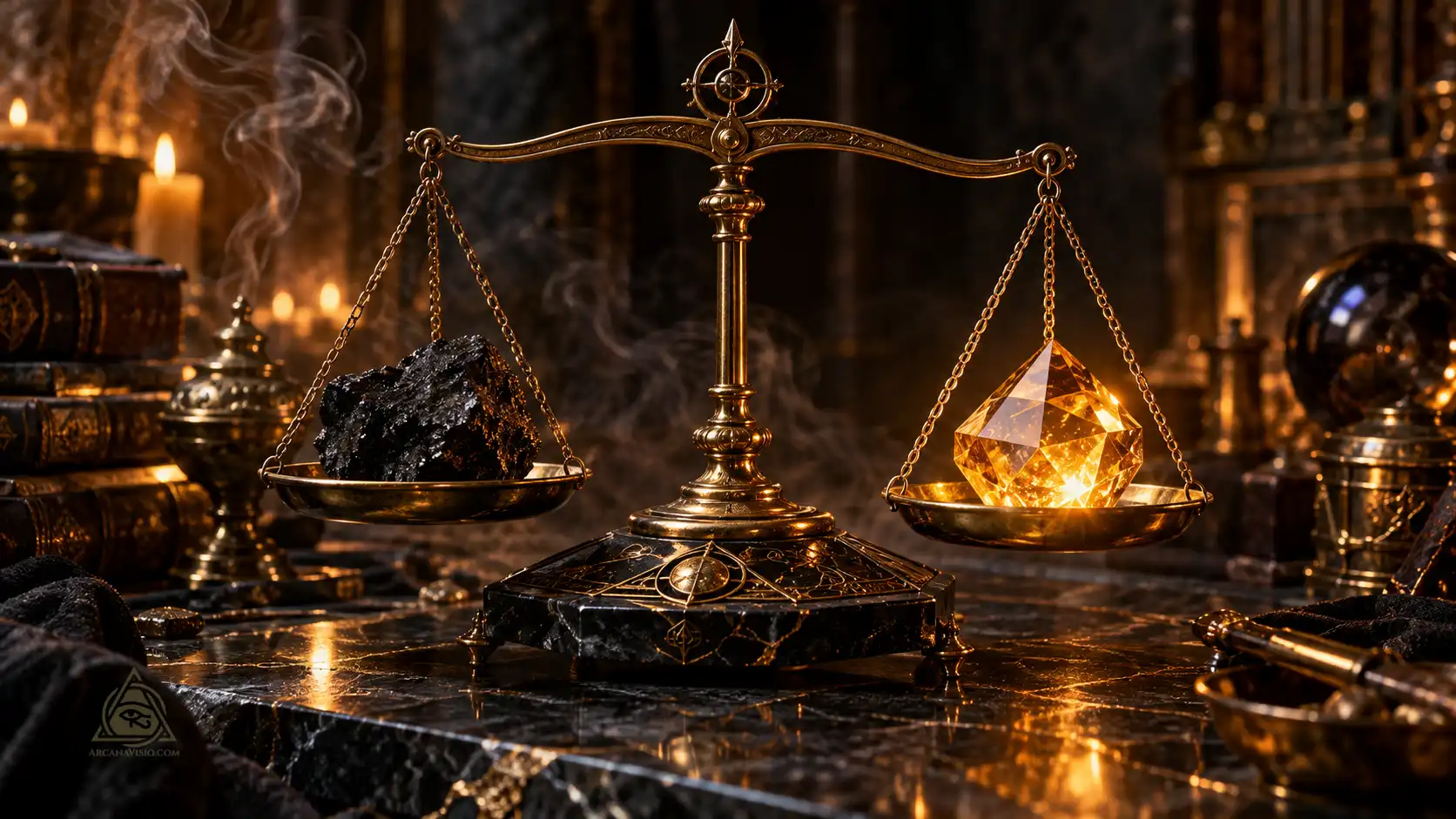 Operative mental alchemy and polar shift illustrated by antique brass scale with charcoal and glowing crystal