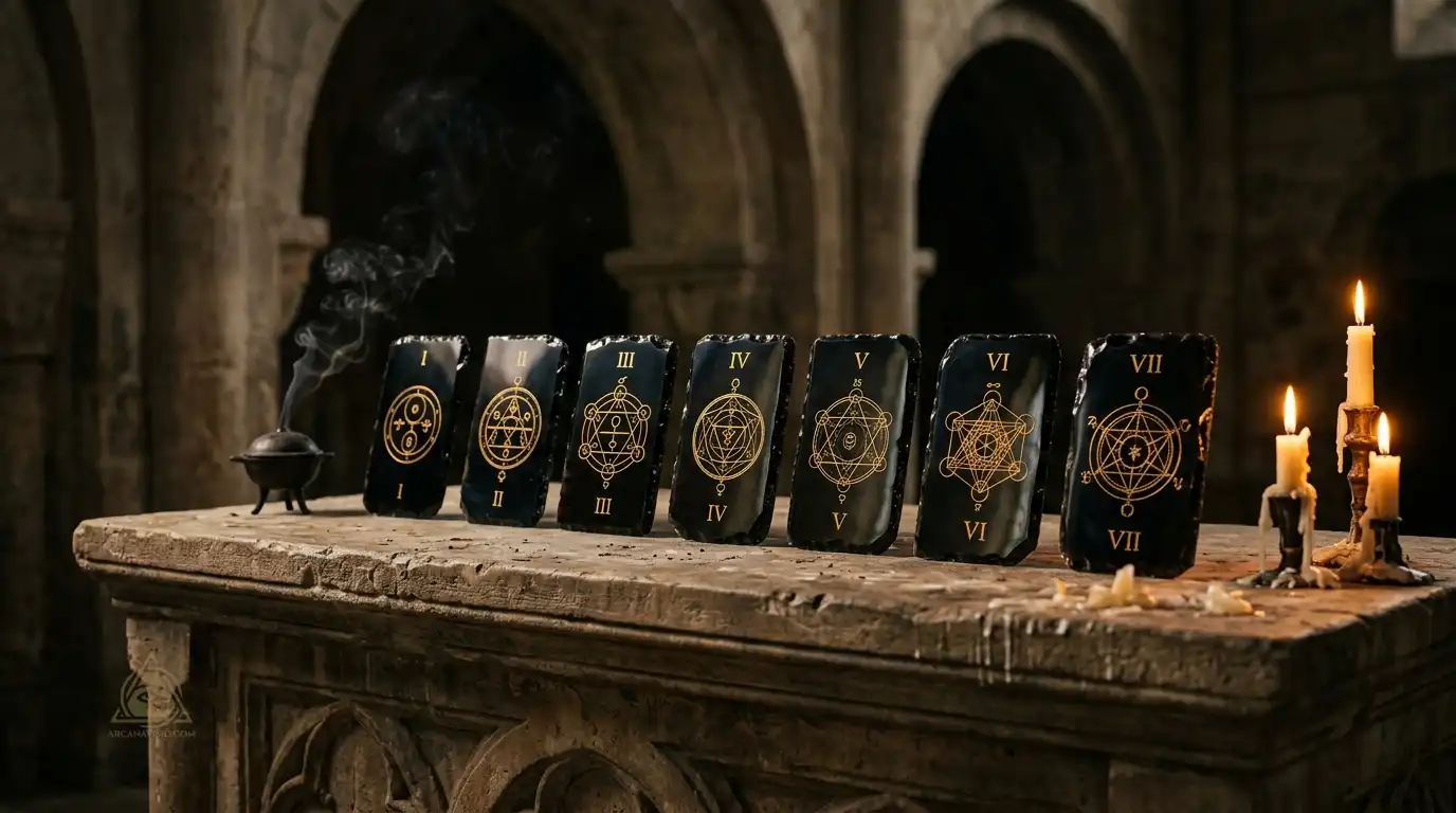 Seven primary karmic tails of the Destiny Matrix etched in gold on obsidian tablets