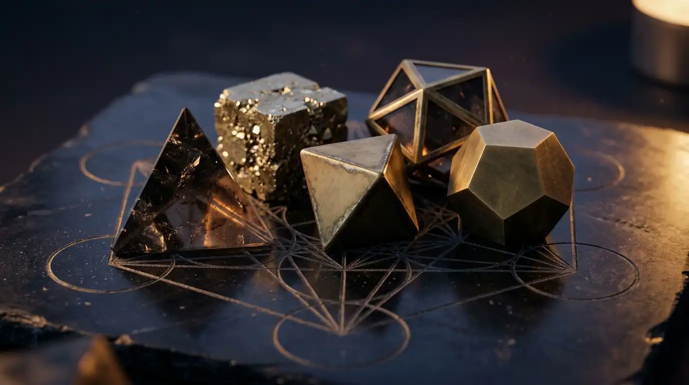 Sacred Geometry & Universal Patterns: Decoding the Golden Ratio, Metatron's Cube, and the Architecture of Reality 4 Metatron's Cube engraved on obsidian with the five Platonic solids in quartz and antique brass
