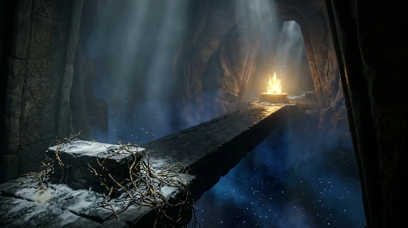 Monolithic stone bridge spanning an abyss representing the six astrological nodal polarity axes