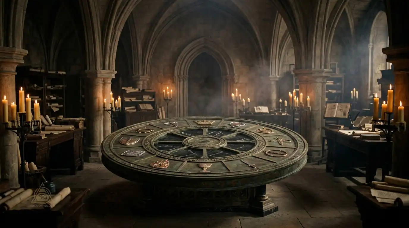 Jungian Archetypes: The Architectural Map of the Collective Unconscious and Shadow Integration 4 Circular bronze and stone wheel representing the twelve Jungian archetypes with light and shadow facets