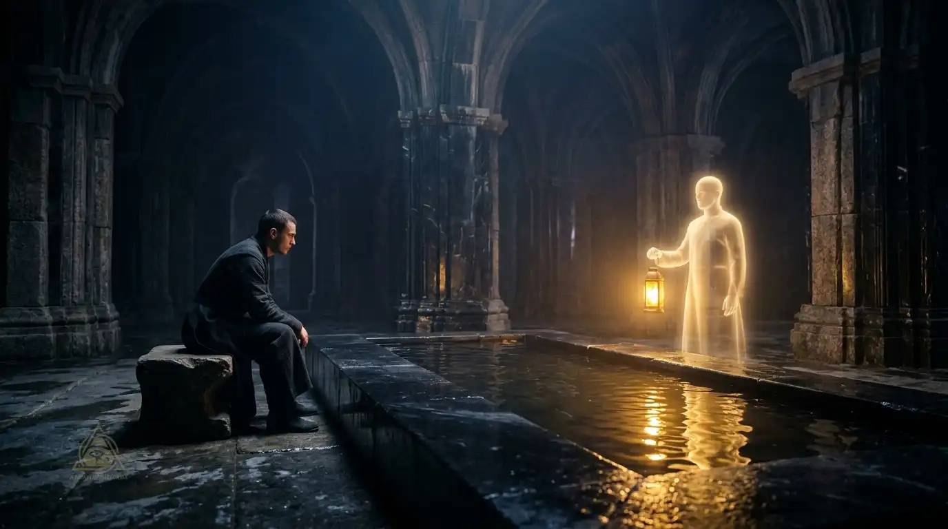 Jungian Archetypes: The Architectural Map of the Collective Unconscious and Shadow Integration 5 Seeker engaging in Jungian active imagination with an archetypal reflection of the Self in an obsidian temple