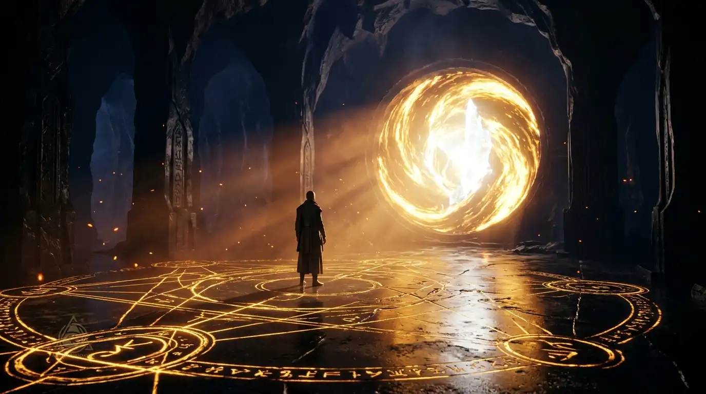 Solitary seeker standing before a glowing golden portal symbolizing unblocking the Destiny Matrix money line