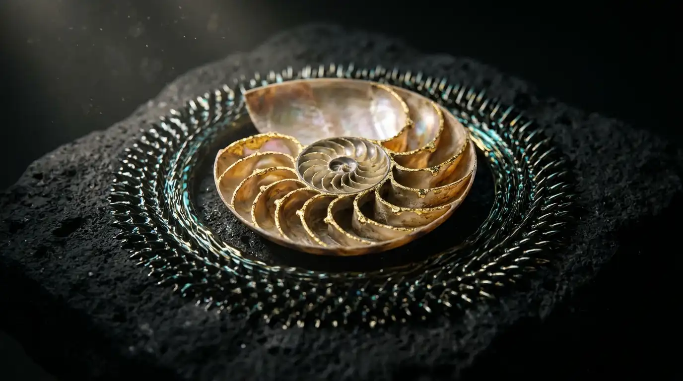 Sacred Geometry & Universal Patterns: Decoding the Golden Ratio, Metatron's Cube, and the Architecture of Reality 5 Bisected nautilus shell showing the Golden Ratio Fibonacci spiral and electromagnetic torus field
