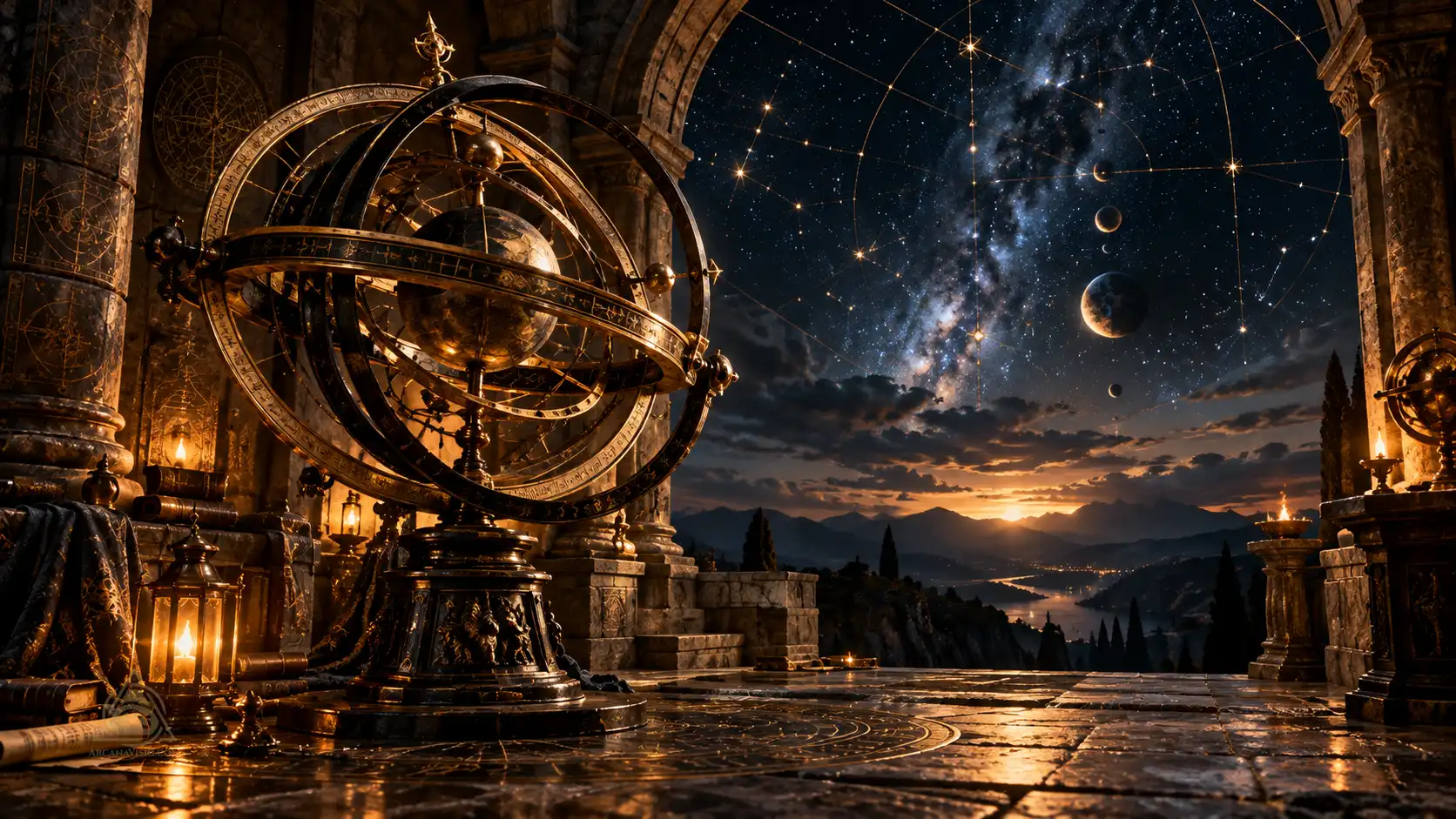 Cosmic cycles and Hermetic rhythm illustrated by antique brass armillary sphere in stone observatory