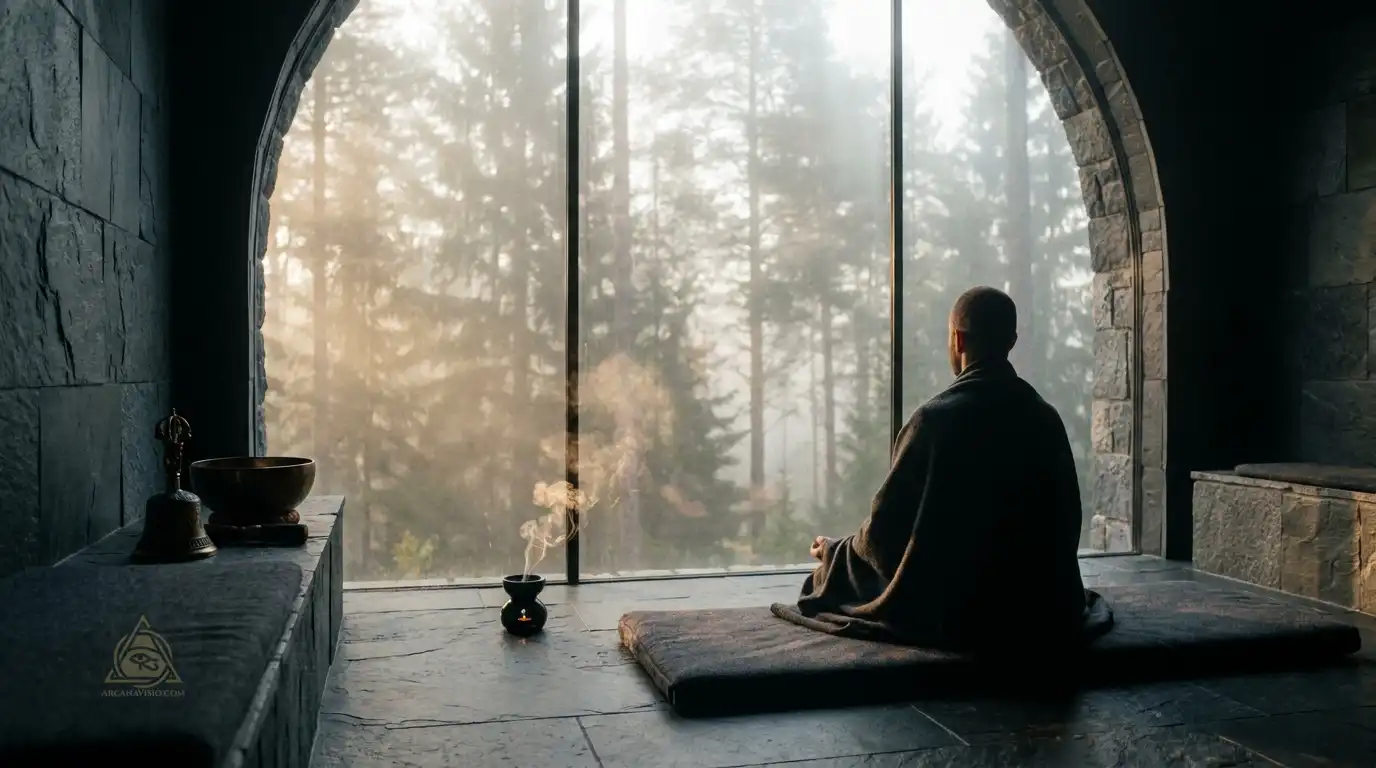 Daily somatic reset protocol illustrated by meditation space with obsidian incense burner and dawn light