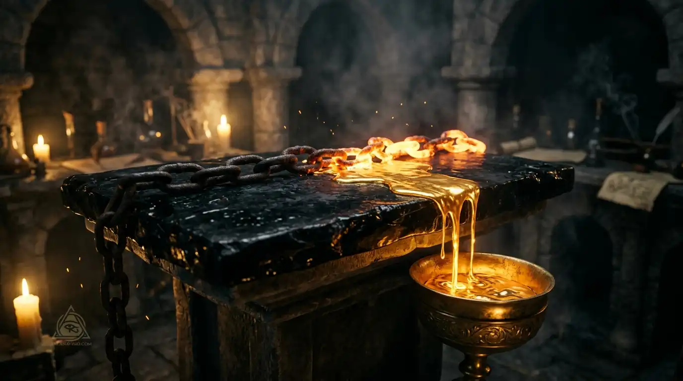 Alchemical grimoire and 12-toothed brass key on obsidian table representing karmic mastery