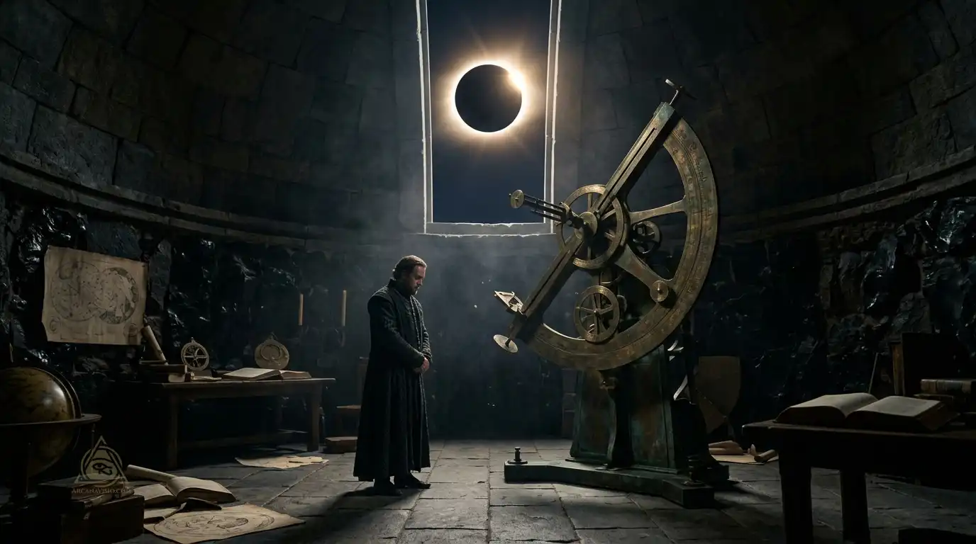 Total solar eclipse seen through an ancient observatory dome symbolizing karmic lunar nodes activation