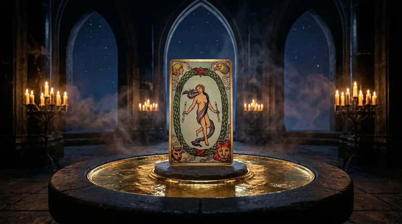 The World tarot card on obsidian altar symbolizing the completion of the Fool's Journey and Jungian individuation
