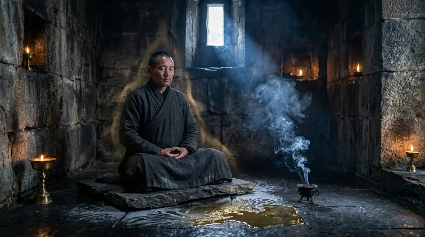 Seated practitioner radiating golden heat and melting frost in Tummo inner fire breathwork