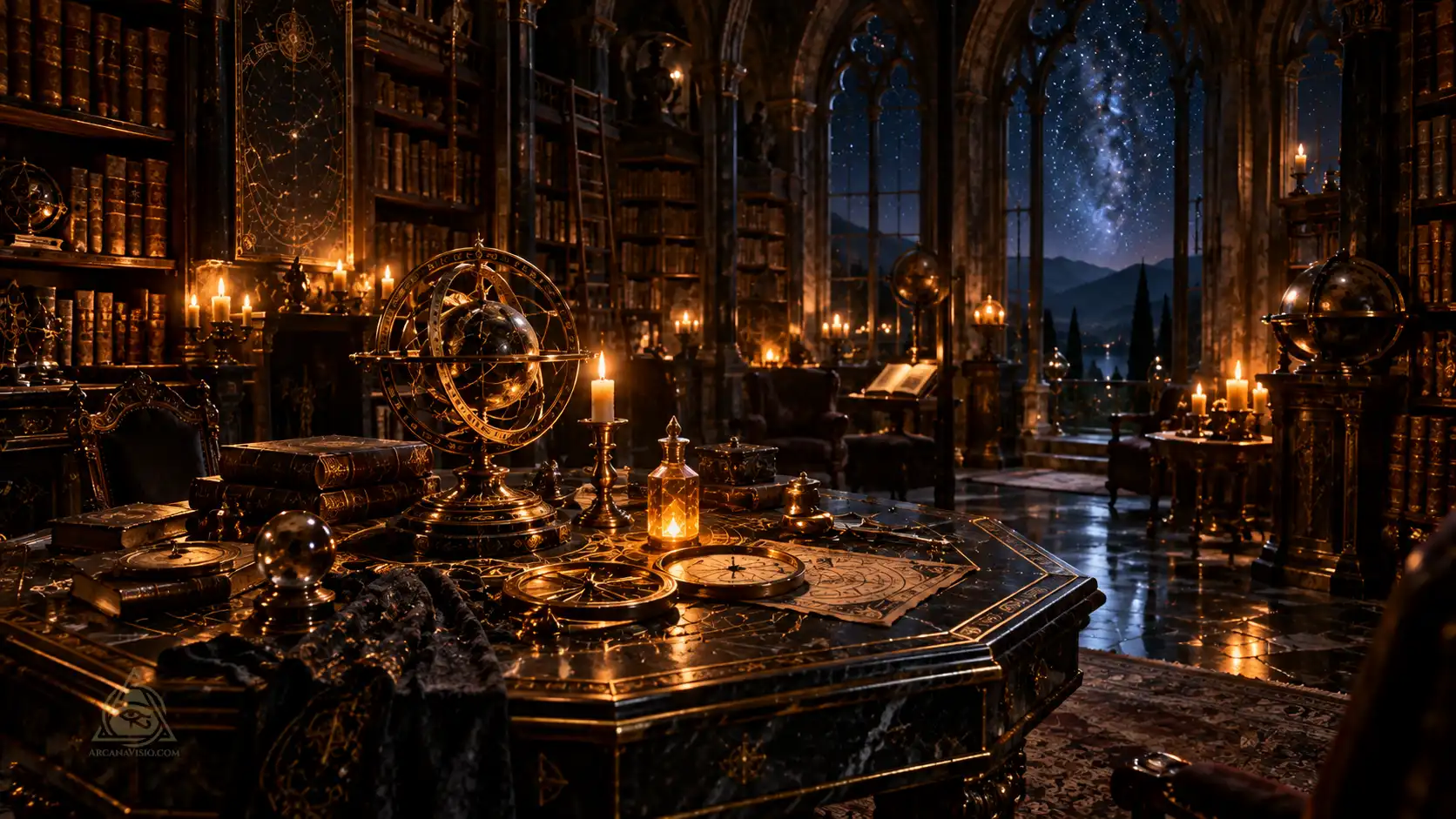 Hermetic sanctum library with astrolabe, compass, and manuscripts representing reality architecture