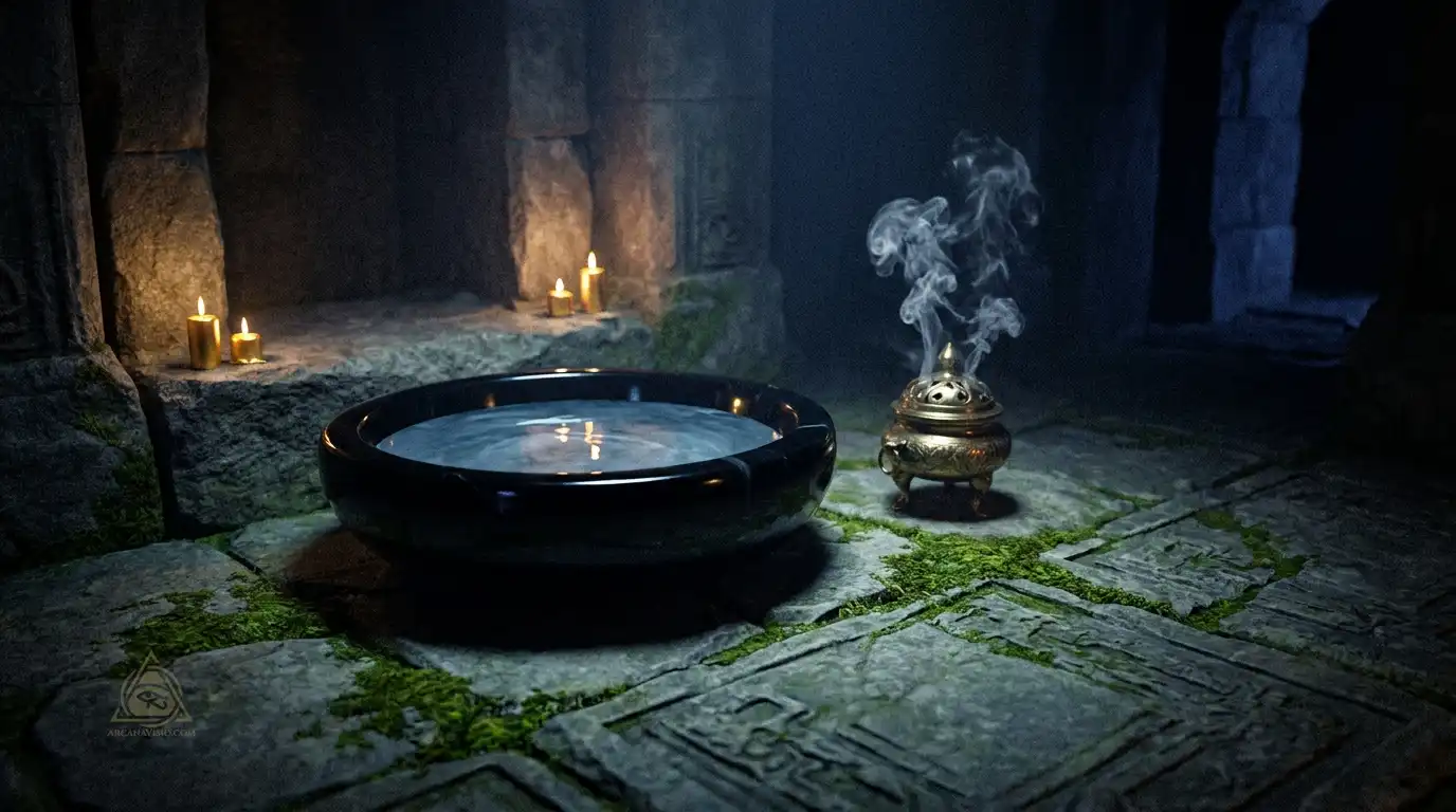 Somatic internal alchemy sanctuary with obsidian basin and water representing nervous system restoration