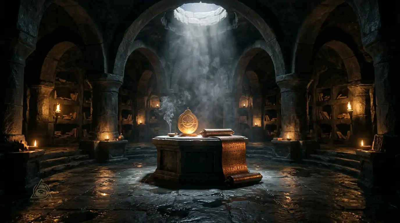 Sacred Mysteries & Ancient Gnosis: The Lost Wisdom of Pre-Flood Civilizations 6 Subterranean obsidian sanctum with astrolabe and ancient cuneiform scroll representing sacred gnosis