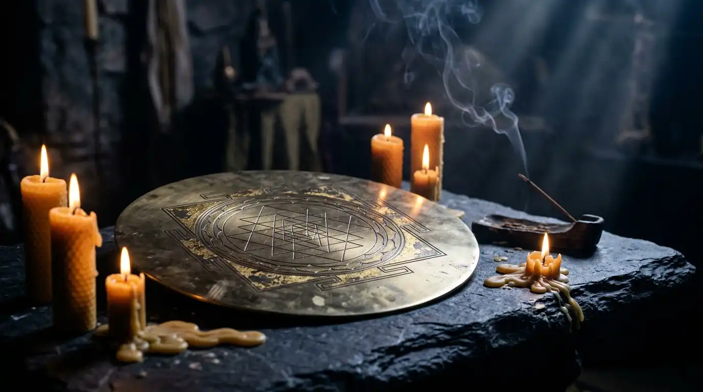 Sacred Geometry & Universal Patterns: Decoding the Golden Ratio, Metatron's Cube, and the Architecture of Reality 6 Contemplative meditation altar with Metatron's Cube and Sri Yantra for sacred geometry patterns practice